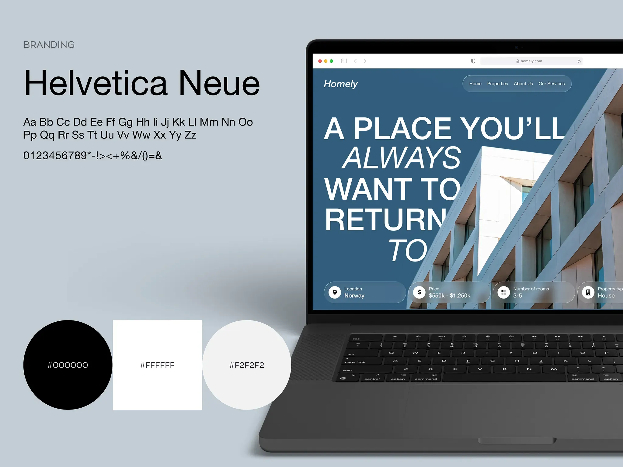 Homely branding — Helvetica Neue, black and white