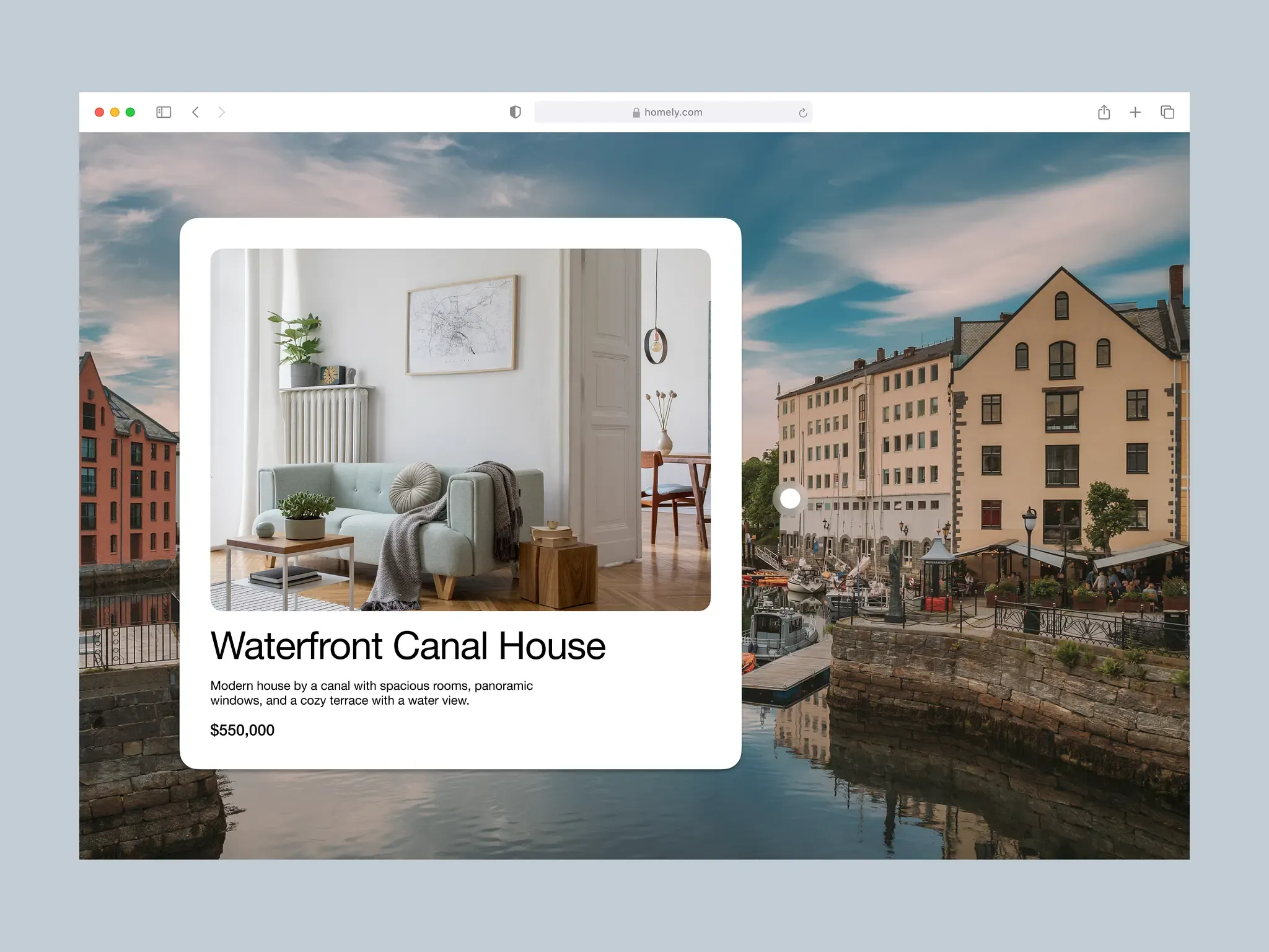 Homely property detail page for a waterfront canal house