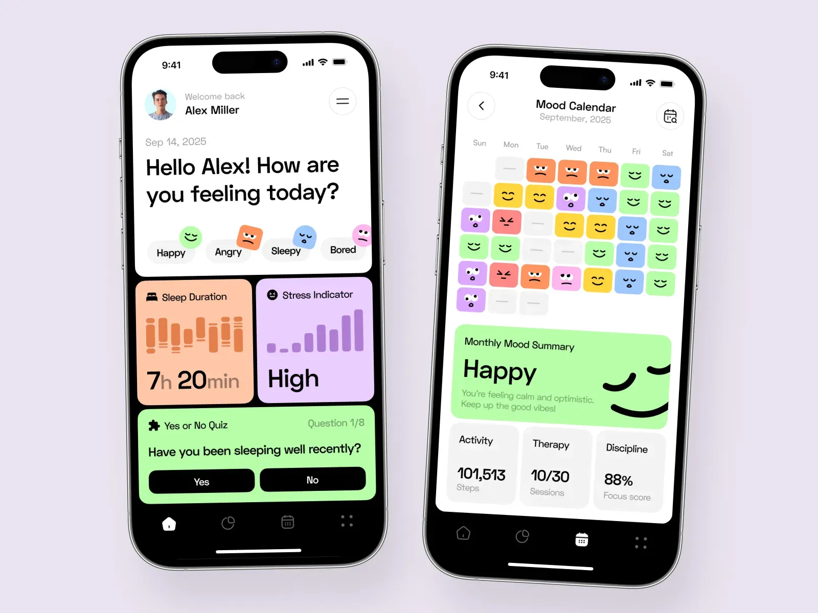 MoodSync dashboard with sleep, stress, and mood calendar