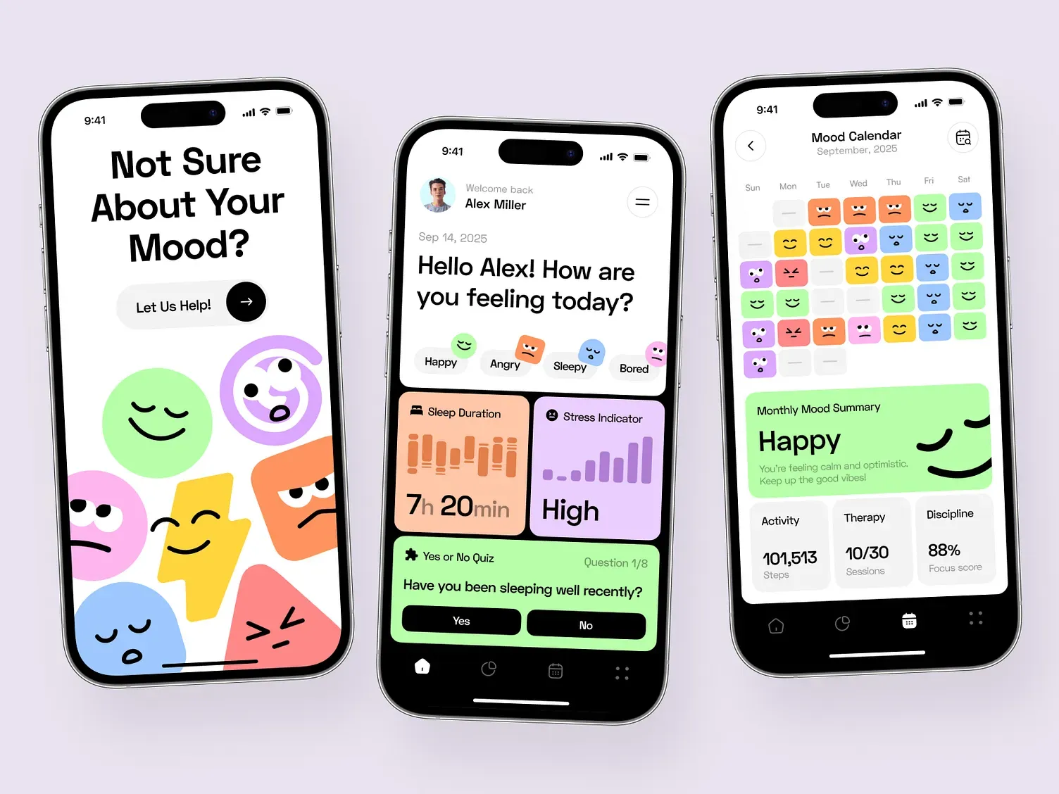 MoodSync mobile app showing three screens with mood tracking